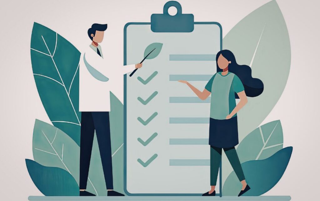 歯科医院と歯科衛生士がチェック表を指さしているイラスト